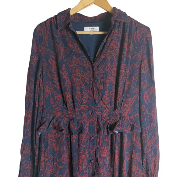 Jason Wu Navy Red Floral Print Tie Neck Long Sleeve Midi Shirt Dress Size 8 - Picture 7 of 16